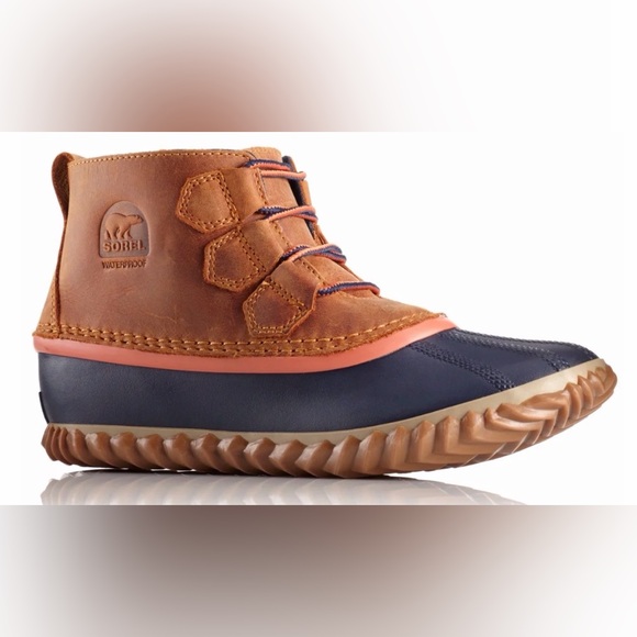 Sorel Shoes - Sorel Out N About Leather Waterproof Duck Boots Carmel & Navy Women’s Size 8.5